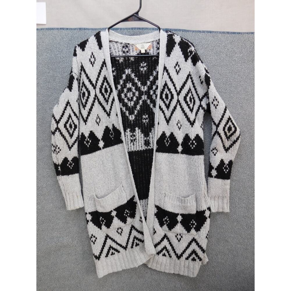 Pink Rose Open Cardigan Women's M Long Aztec Print Grey Black